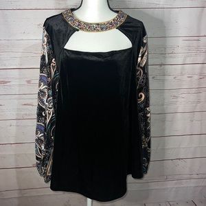 Velour Bedazzled poet’s Sleeve peasant Blouse sz XL ARTSY UNIQUE HOLIDAY ATTIRE